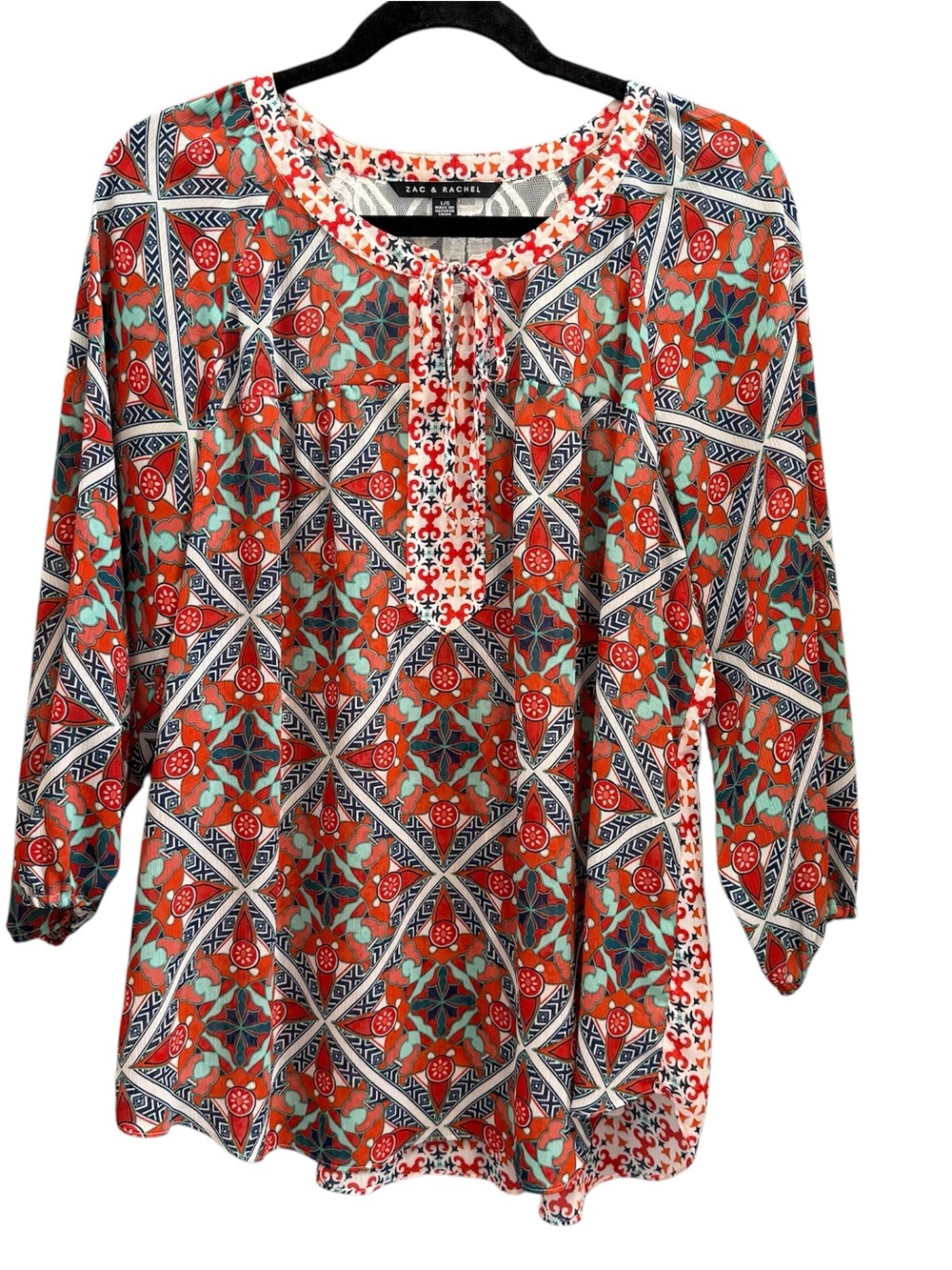 Boho, Lightweight Blouse. Sz Lg, Red/Orange, Blues.  Patterned